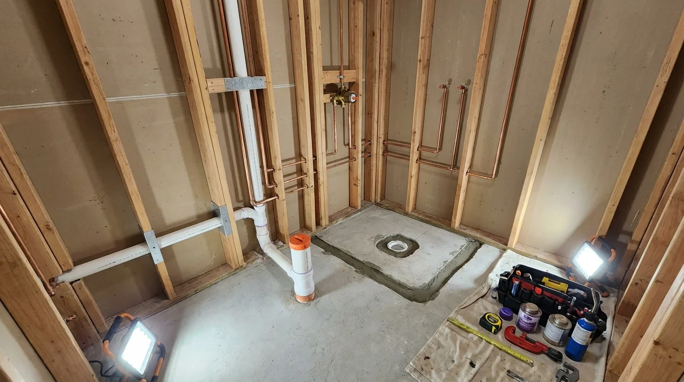 Bathroom rough-in plumbing during remodel by Johns Plumbing LLC in Manhasset