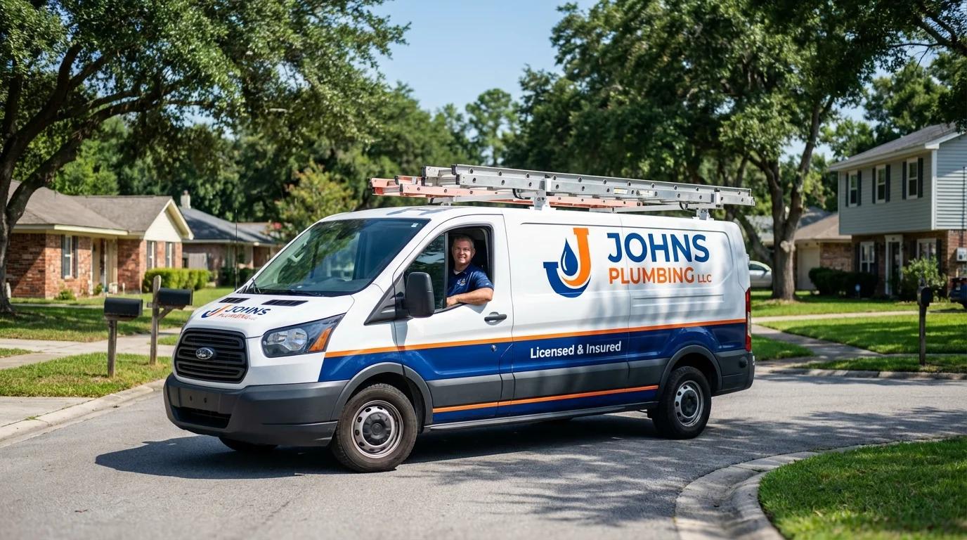 Johns Plumbing LLC service van in Manhasset, NY