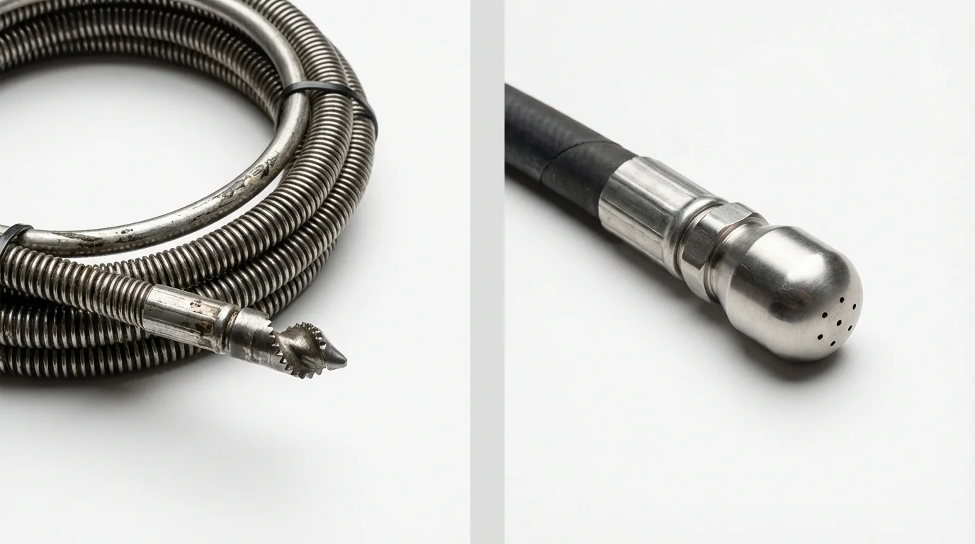 Drain snake cable and hydro jetting nozzle used for drain cleaning in Manhasset, NY