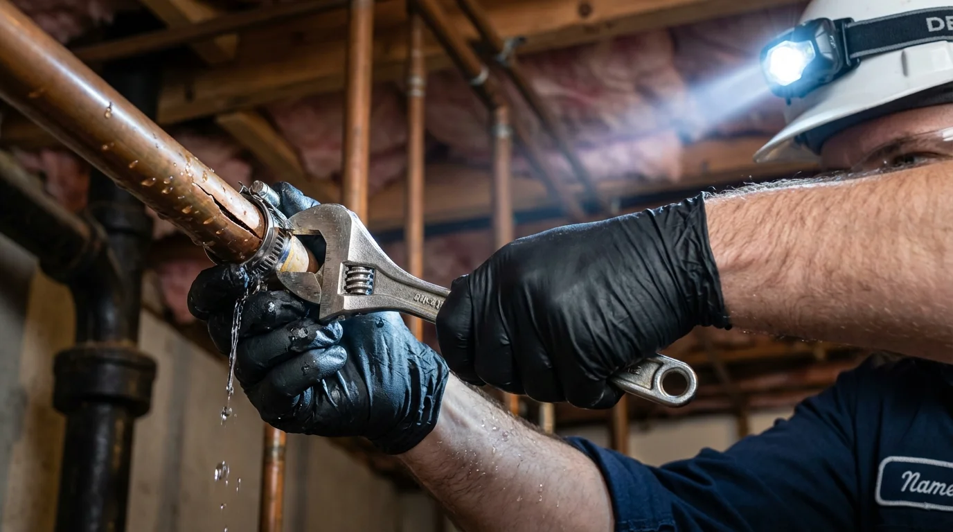 Emergency pipe clamp repair being performed by a Johns Plumbing LLC plumber in Manhasset