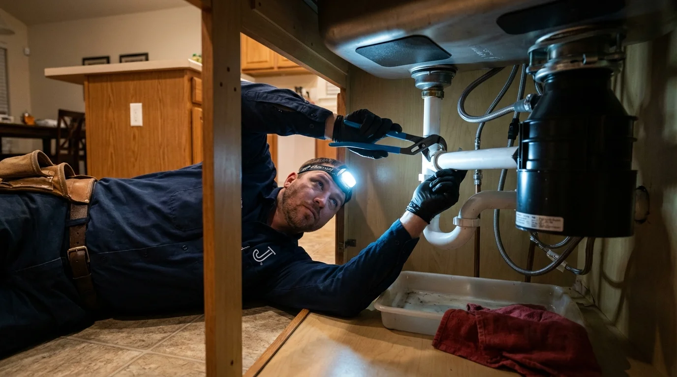 P-trap and supply line connections under a kitchen sink showing a common leak point in Manhasset, NY